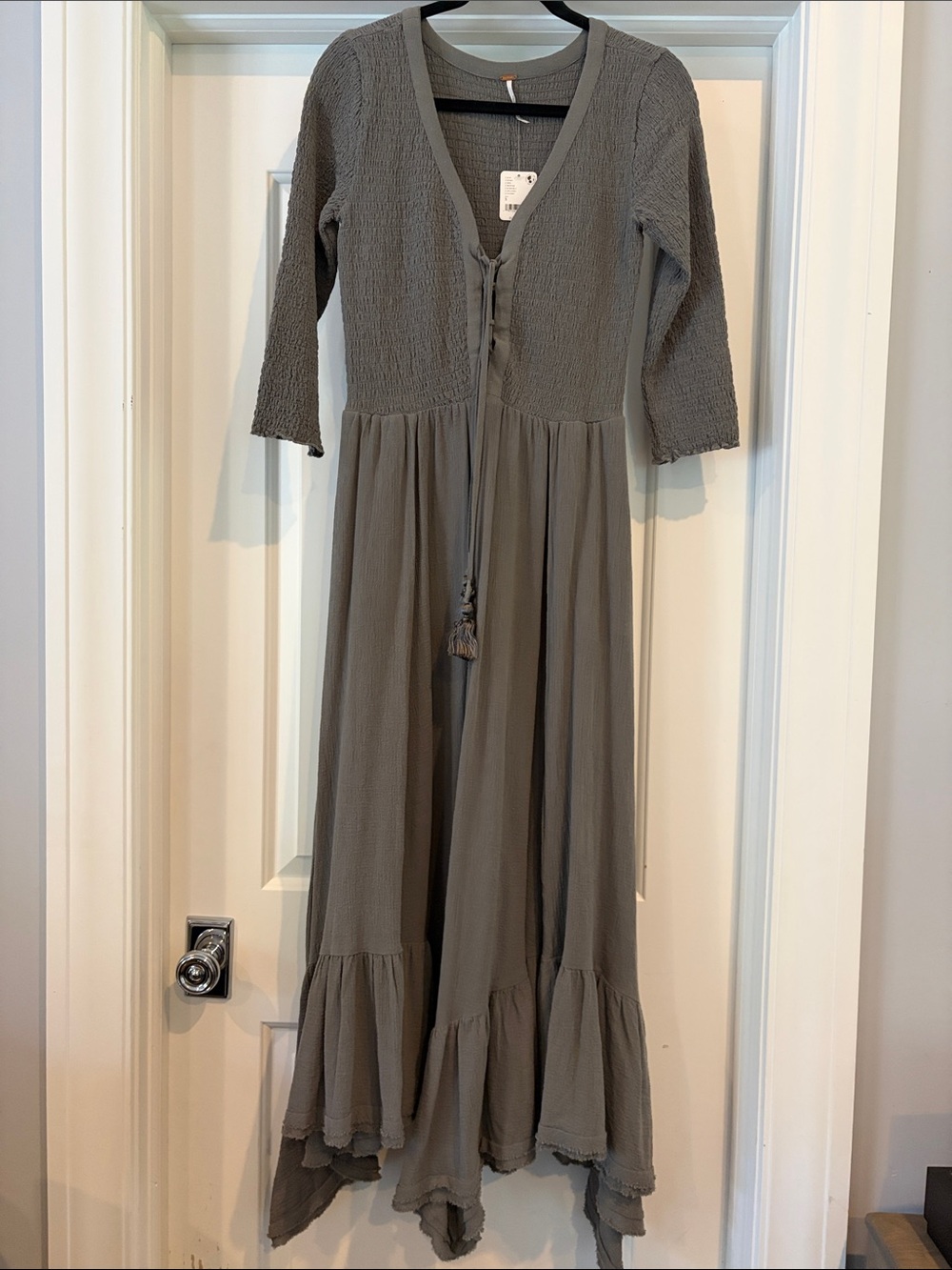 Free People Boho Maxi Dress with Smocked Bodice and Tassel Tie - Gray